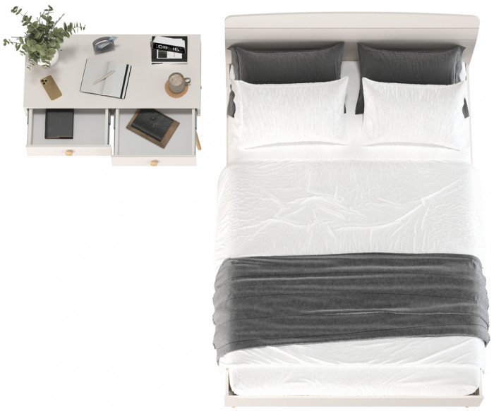 Афина Спальня Кровать 1400 + Стол, цвет кашемир серый, ШхГхВ 144,6х210,2х95,7 + 100х45х76 см., сп.м. 1400х2000 мм., б/м, основание есть