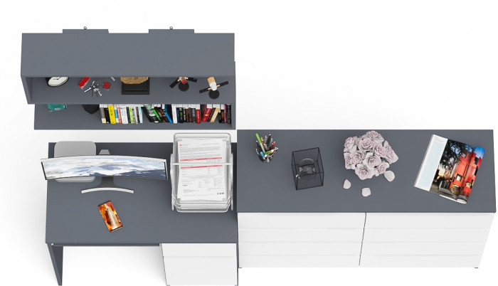 Мори Стол компьютерный МС-1 правый + Комод МК1200.8 + Полка 900, цвет графит/белый, ШхГхВ 210,4х50х209,6 см., НЕ универсальная сборка