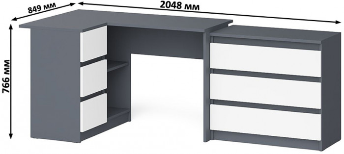 Мори Стол компьютерный МС-16 левый + Комод МК800.1, цвет графит/белый, ШхГхВ 204,8х84,9х76,6 см., выдвижные ящики слева, НЕ универсальная сборка