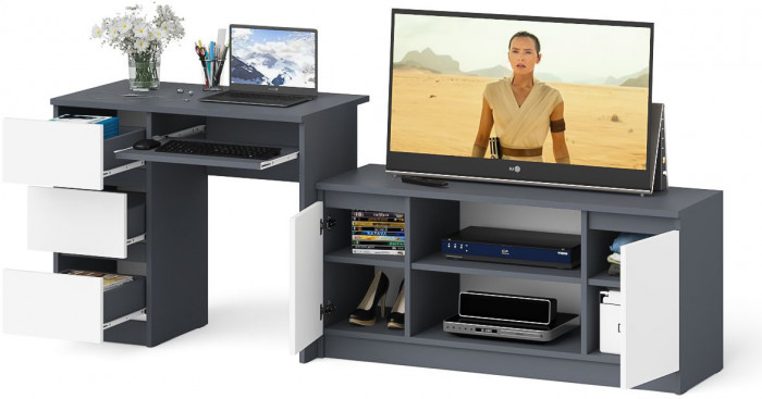 Мори Стол компьютерный МС-6 левый + Тумба МТВ1200.1, цвет графит/белый, ШхГхВ 210,4х50х76,6 см., выдвижные ящики слева, НЕ универсальная сборка