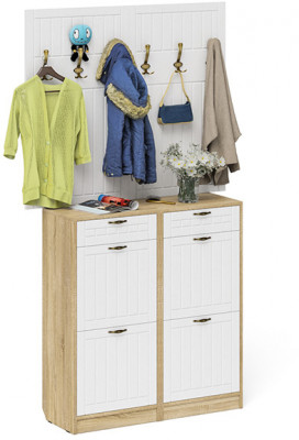 Прихожая П-6 Компоновка № 04, цвет дуб сонома/фасады МДФ белое дерево фрезеровка прованс, ШхГхВ 120х35х200 см.