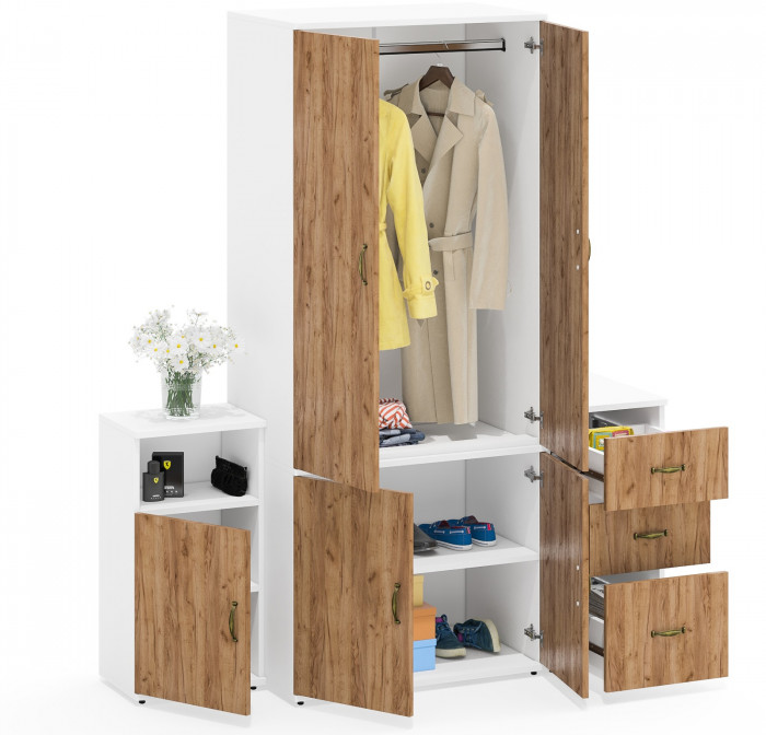 Лидер-8 Шкаф МД 19Б + Тумба МД 3.16 + Тумба МД 3.19, цвет белый шагрень/крафт золото, ШхГхВ 160х50х190 см., универсальная сборка