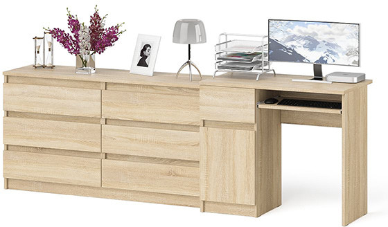 Мори Стол компьютерный МС-1 левый + Комод МК1380.6, цвет дуб сонома, ШхГхВ 228х50х76,6 см., выдвижной ящик слева, НЕ универсальная сборка
