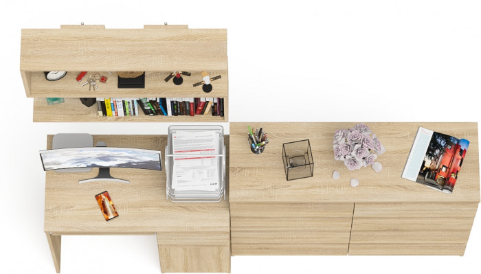 Мори Стол компьютерный МС-1 правый + Комод МК1200.8 + Полка 900, цвет дуб сонома, ШхГхВ 210,4х50х209,6 см., НЕ универсальная сборка