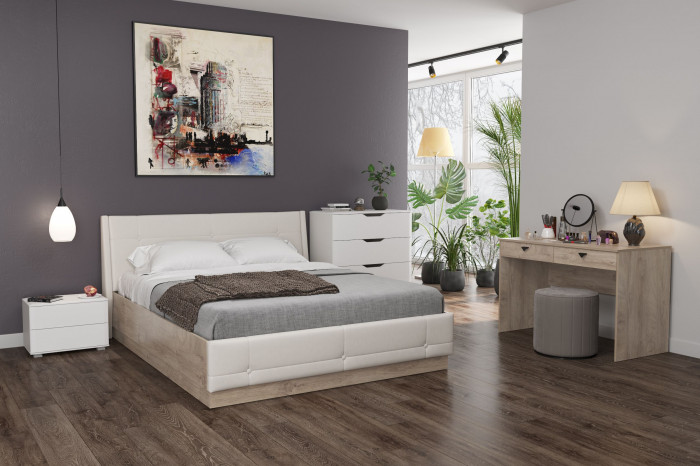 Муссон 11.28 Кровать БЕЗ ортопеда, цвет ЛДСП дуб эндгрейн элегантный/искусственная кожа белая, ШхГхВ 177,2х224х95,3 см., сп. м. 1600х2000 мм, б/м, б/о