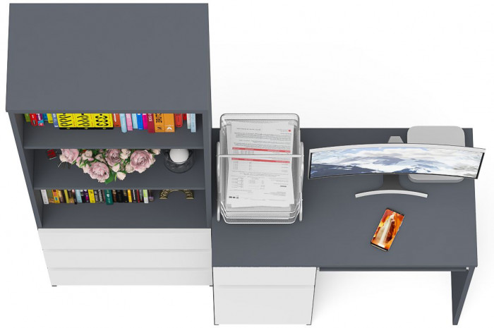 Мори компьютерный стол МС-1 левый + Стеллаж МСТ600.3, графит/белый