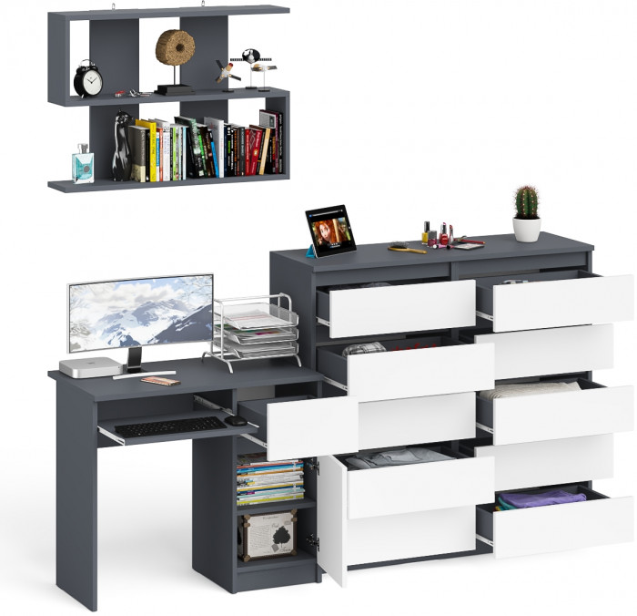 Мори компьютерный стол МС-1 правый + Комод МК1200.10 + Полка 900, графит/белый