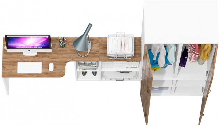 Лидер-8 Стол + Пенал МД 23Б + Пенал МД 23Б, цвет белый шагрень/крафт золото, ШхГхВ 245х50х75/190 или 115х160/50х75/190 см., НЕ ун. сборка