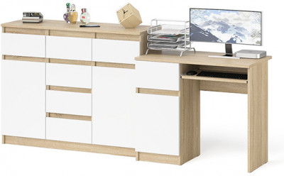 Мори Стол компьютерный МС-1 левый + Комод МК1200.4, цвет дуб сонома/белый, ШхГхВ 210,4х50х94 см., выдвижной ящик слева, НЕ универсальная сборка
