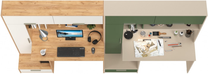 Два Стола письменных Лайт 03.243Н, цвет дуб крафт золотой/белый премиум/сатин/дымчатый зелёный, ШхГхВ 300,4х57,3х179,9 см., НЕ универсальная сборка