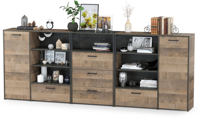 Трувор 13.307.01 Комод + 13.307.02 Комод с ящиками + 13.307.01 Комод, цвет дуб гранж песочный/интра, ШхГхВ 284х37х106,9 см., универсальная сборка