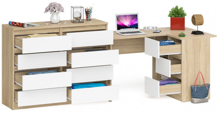 Мори Стол компьютерный МС-16 правый + Комод МК1200.8, цвет дуб сонома/белый, ШхГхВ 244,8х84,9х94 см., выдвижные ящики справа, НЕ универсальная сборка