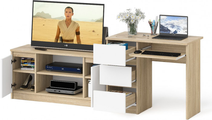 Мори Стол компьютерный МС-6 левый + Тумба МТВ1200.1, цвет дуб сонома/белый, ШхГхВ 210,4х50х76,6 см., выдвижные ящики слева, НЕ универсальная сборка