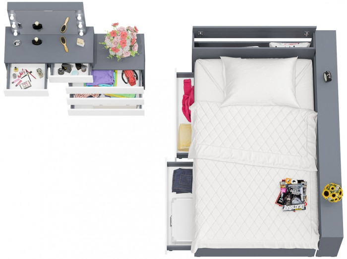 Ксения Кровать с ящиками 1200 + прикроватный блок + Столик с подсветкой 110, графит/белый