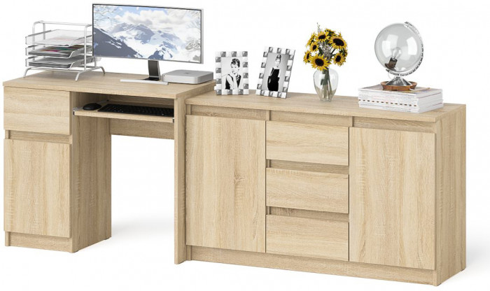 Мори компьютерный стол МС-1 левый + Комод МК1200.3, дуб сонома