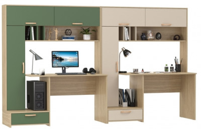 Два Стола письменных Лайт 03.243Н, цвет плэйн/дымчатый зелёный/плэйн/сатин, ШхГхВ 300,4х57,3х179,9 см., НЕ универсальная сборка