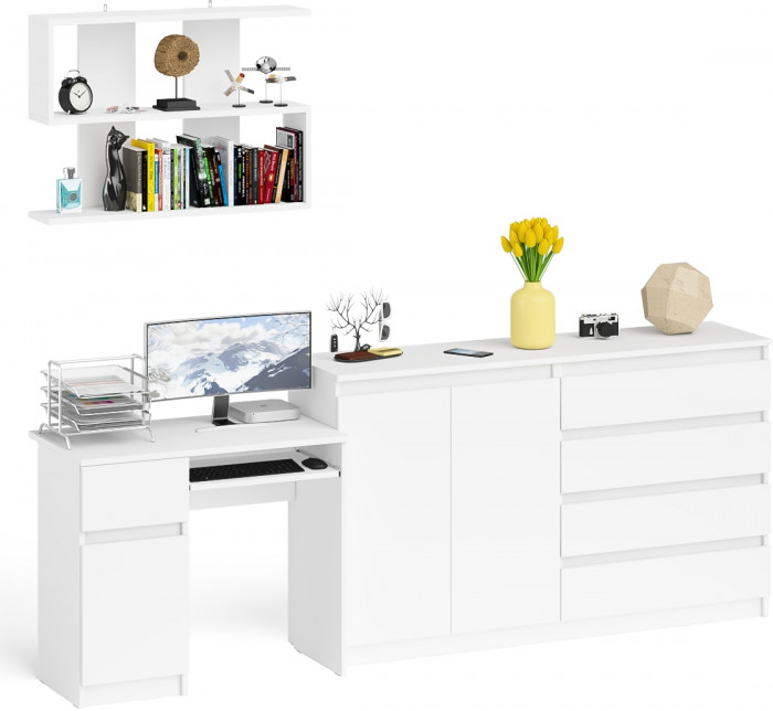 Мори Стол компьютерный МС-1 левый + Комод МК1600.1 + Полка 900, цвет белый, ШхГхВ 250,4х50х209,6 см., НЕ универсальная сборка