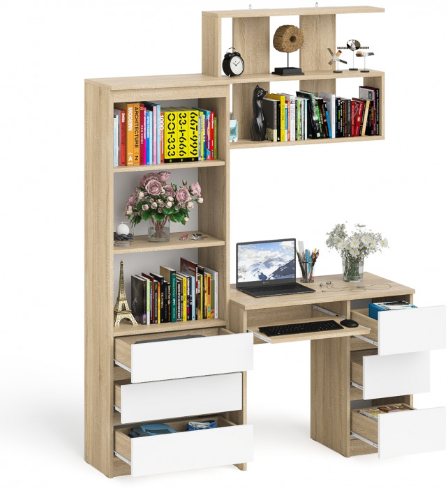 Мори компьютерный стол МС-6 правый + Стеллаж МСТ600.3 + Полка 900, дуб сонома/белый