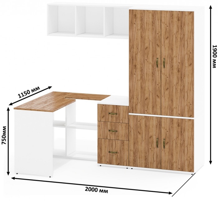 Лидер-8 Стол + Полка + Тумба МД 3.16 + Шкаф МД 19Б, цвет белый шагрень/крафт золото, ШхГхВ 285х50/50х75/190 или 115х200/50х75/190 см., НЕ ун. сб.