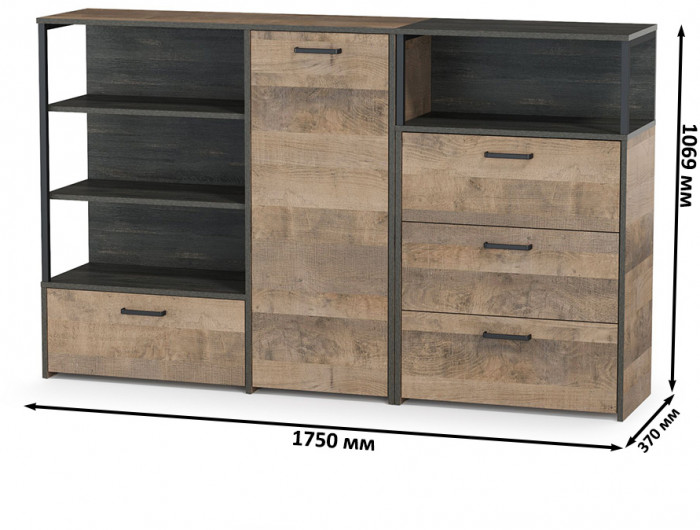 Трувор 13.307.01 Комод + 13.307.02 Комод с ящиками, цвет дуб гранж песочный/интра, ШхГхВ 175х37х106,9 см., универсальная сборка