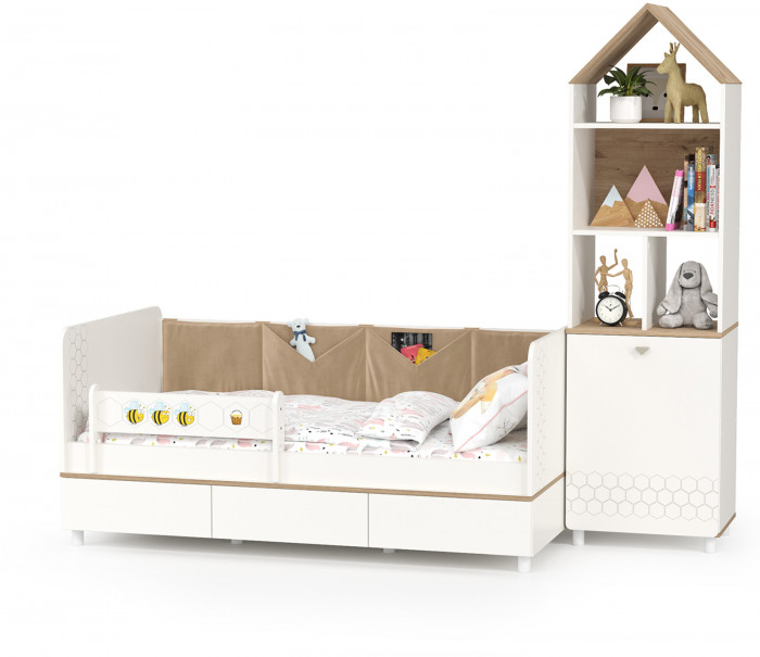 Эйп 11.40 Кровать + 13.14 Стеллаж, цвет белый/дуб белый, сп. м. 800х1600 мм., б/м, основание есть, макс. нагрузка 80 кг., рек. выс. матр. 120 мм.