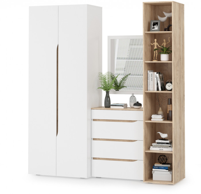 Муссон 13.198 Шкаф + 13.349 Стеллаж + 13.97 Комод + Зеркало СВК, цвет белый/дуб эндгрейн элегантный, ШхГхВ 204,6х52,3х229,8 см., НЕ универс. сб.