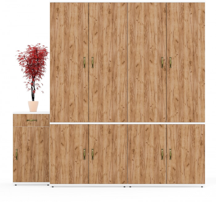 Лидер-8 Шкаф МД 19Б + Шкаф МД 19Б + Тумба МД 3.15, цвет белый шагрень/крафт золото, ШхГхВ 200х50х190 см., универсальная сборка