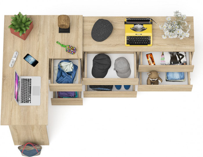 Мори Стол компьютерный МС-16 правый + Комод МК1200.6, цвет дуб сонома, ШхГхВ 244,8х84,9х76,6 см., выдвижные ящики справа, НЕ универсальная сборка