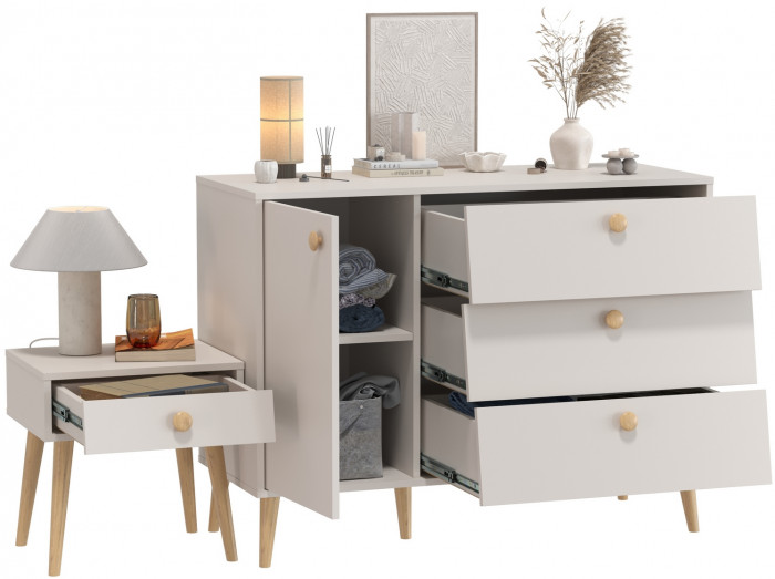 Афина Спальня Комод с дверкой и тремя ящиками + Тумба прикроватная, цвет кашемир серый, ШхГхВ 110х45,3х83 + 45х37х45 см., универсальная сборка