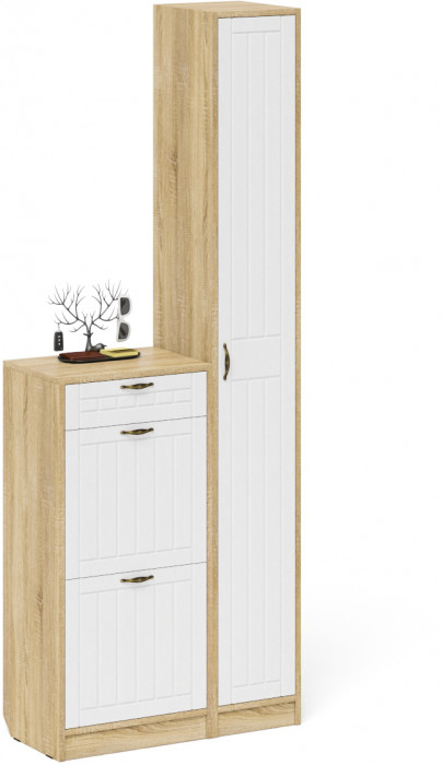 Прихожая П-6 Компоновка № 22, цвет дуб сонома/фасады МДФ белое дерево фрезеровка прованс, ШхГхВ 80х35х210 см., универсальная сборка