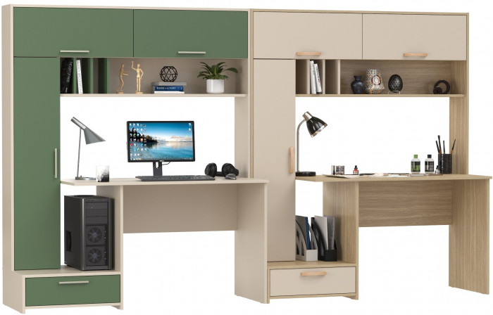 Два Стола письменных Лайт 03.243Н, цвет сатин/дымчатый зелёный/плэйн/сатин, ШхГхВ 300,4х57,3х179,9 см., НЕ универсальная сборка