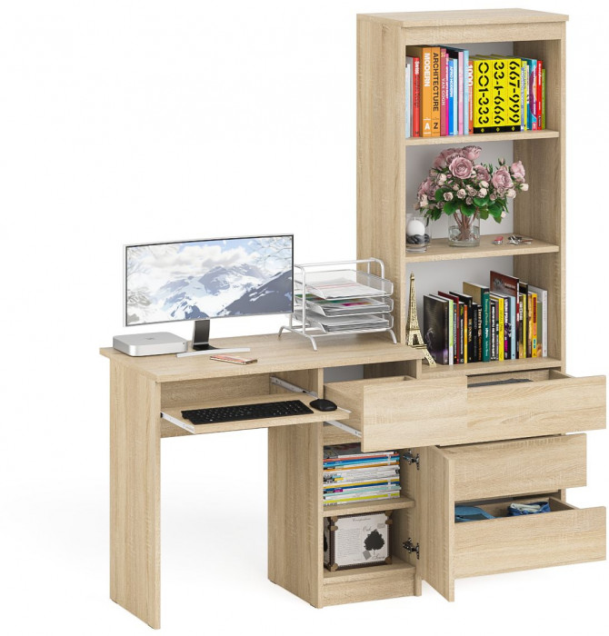 Мори компьютерный стол МС-1 правый + Стеллаж МСТ600.3, дуб сонома