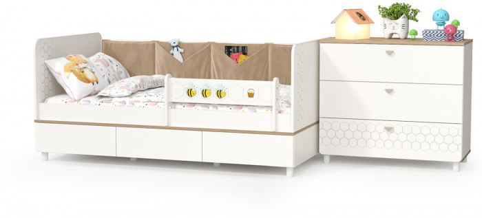 Эйп 11.40 Кровать + 13.322 Комод, цвет белый/дуб белый, сп. м. 800х1600 мм., б/м, основание есть, макс. нагрузка 80 кг., рек. выс. матр. 120 мм.