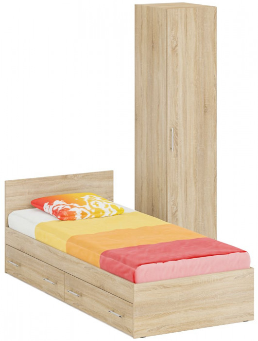 Кровать с ящиками 0900 + Пенал Стандарт, цвет дуб сонома, ШхГхВ 93,5х203,5х70 + 45х52х200 см., сп.м. 900х2000 мм., без матраса, основание есть