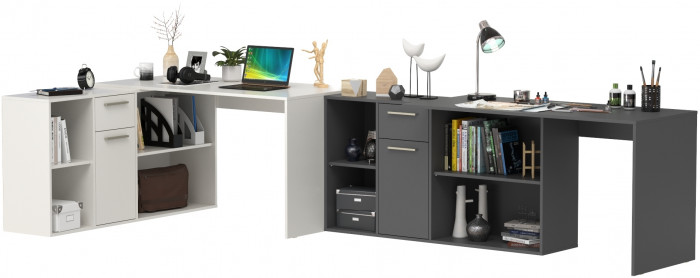 Два Стола письменных Лайт 03.245, цвет белый шагрень/тёмно-серый, ШхГхВ 342,9х136х75,2 см.(угловой) или 407,2х60х75,2 см.(прямой), универс. сборка