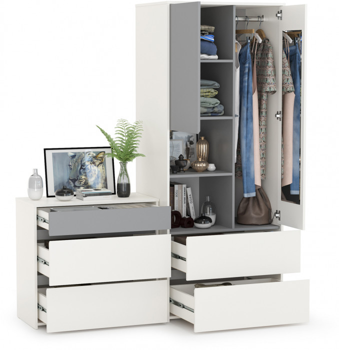 Торонто 13.333 Шкаф для одежды + 13.321 Комод, цвет белый шагрень/стальной серый, ШхГхВ 160х53х195,7 см., универсальная сборка