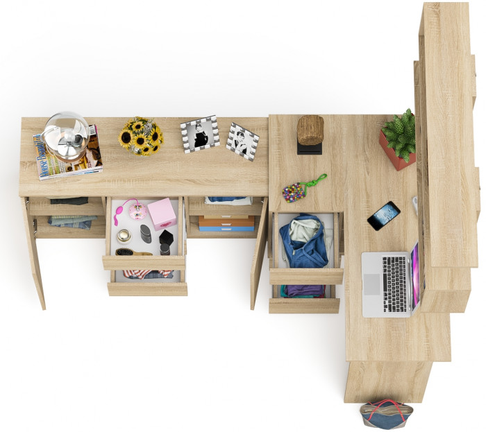 Мори компьютерный стол МС-16 левый + Комод МК1200.3 + Полка 1200, дуб сонома