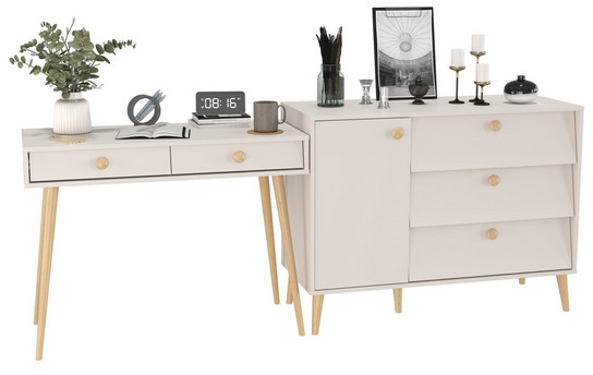 Афина Спальня Стол + Комод с дверкой и тремя ящиками, цвет кашемир серый, ШхГхВ 100х45х76 + 110х45,3х83 см., универсальная сборка