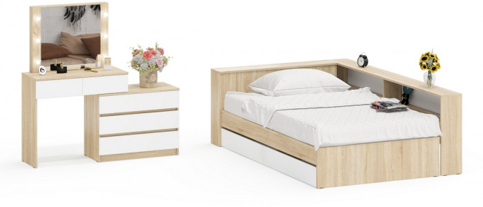 Ксения Кровать с ящиками 1200 + прикроватный блок + Столик с подсветкой 110, дуб сонома/белый