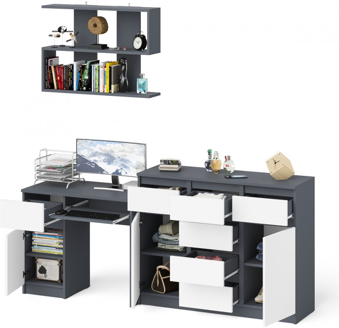 Мори компьютерный стол МС-1 левый + Комод МК1200.4 + Полка 900, графит/белый