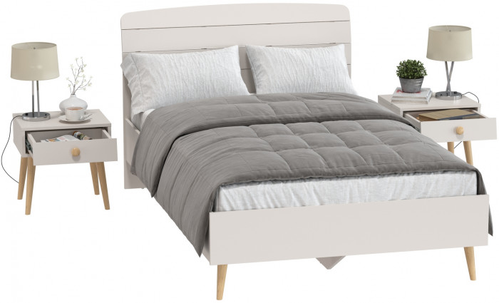 Афина Спальня Кровать 1200 + Две тумбы, цвет кашемир серый, ШхГхВ 123,6х210,2х95,7 + 2х45х37х45 см., сп.м. 1200х2000 мм., б/м, основание есть