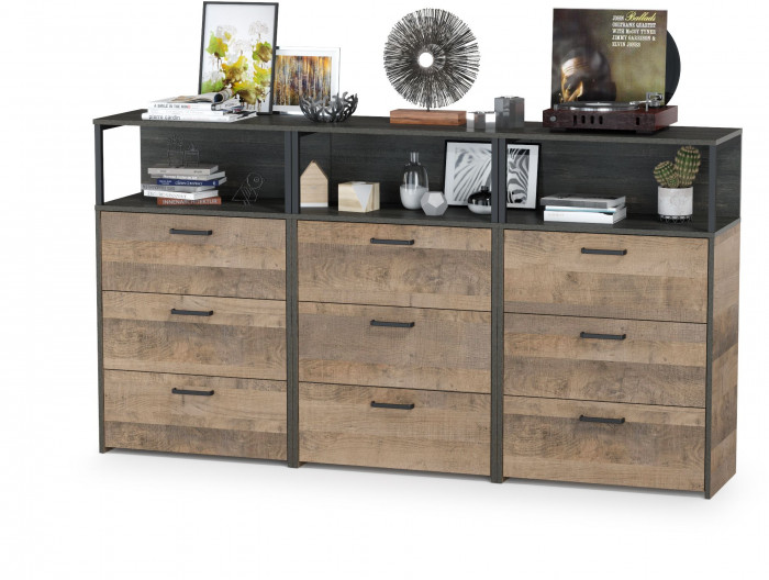 Трувор 13.307.02 Комод с ящиками + 13.307.02 Комод с ящиками + 13.307.02 Комод с ящиками, цвет дуб гранж песочный/интра, ШхГхВ 198х37х106,9 см.