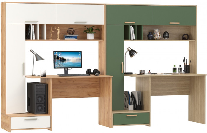 Два Стола письменных Лайт 03.243Н, цвет дуб крафт золотой/белый премиум/плэйн/дымчатый зелёный, ШхГхВ 300,4х57,3х179,9 см., НЕ универсальная сборка