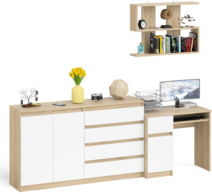Мори Стол компьютерный МС-1 левый + Комод МК1600.1 + Полка 900, цвет дуб сонома/белый, ШхГхВ 250,4х50х209,6 см., НЕ универсальная сборка