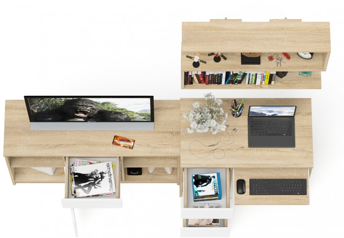 Мори Стол компьютерный МС-6 левый + Тумба МТВ1204.1 + Полка 900, цвет дуб сонома/белый, ШхГхВ 210,4х50х209,6 см., НЕ универсальная сборка