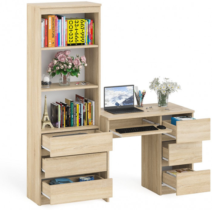 Мори компьютерный стол МС-6 правый + Стеллаж МСТ600.3, дуб сонома