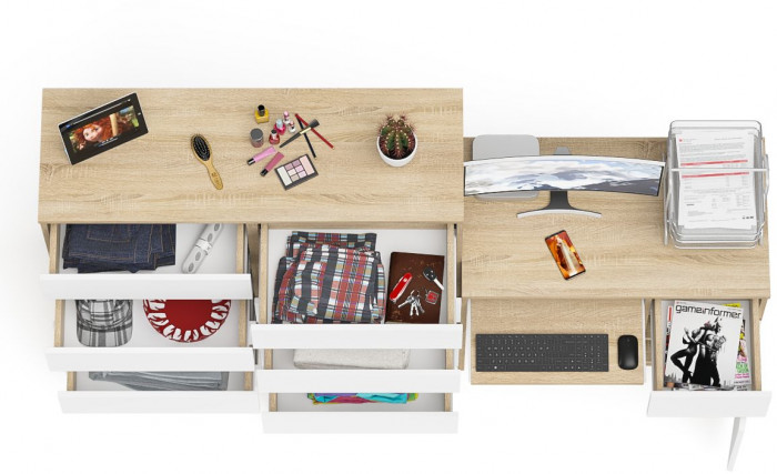 Мори компьютерный стол МС-1 правый + Комод МК1200.10, дуб сонома/белый