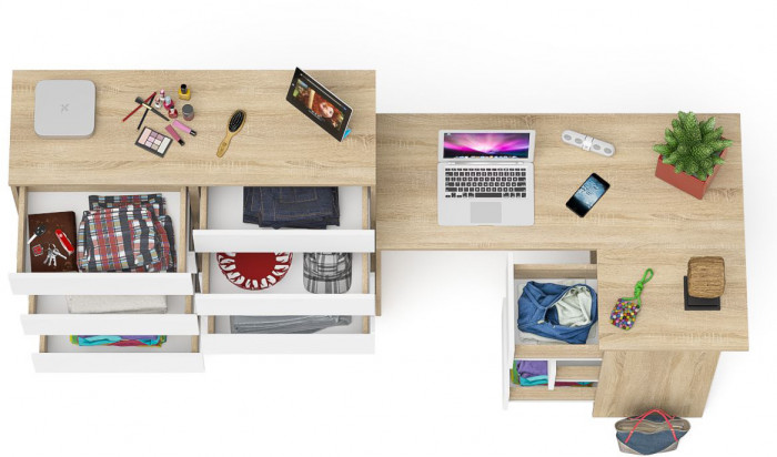 Мори компьютерный стол МС-16 правый + Комод МК1200.10, дуб сонома/белый