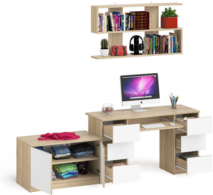 Мори компьютерный стол МС-2 + Тумба МА900.1 + Полка 1200, дуб сонома/белый
