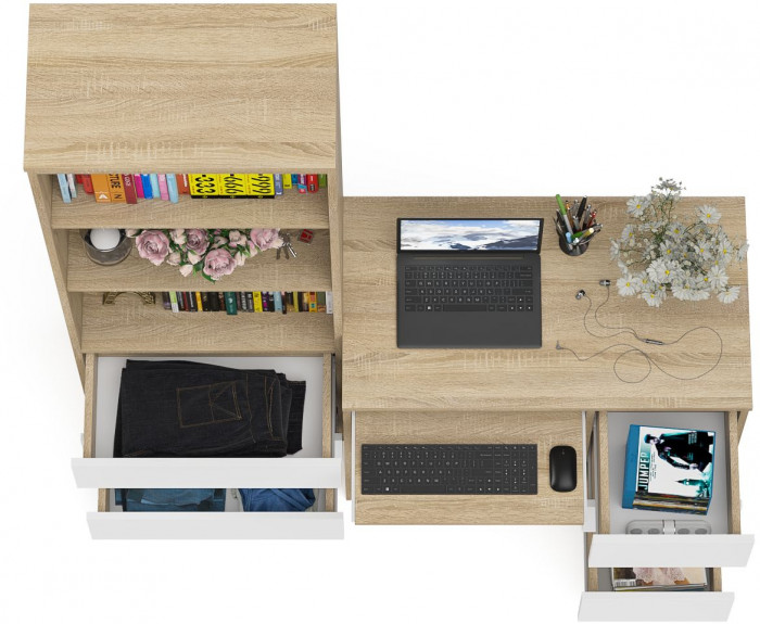 Мори компьютерный стол МС-6 правый + Стеллаж МСТ600.3, дуб сонома/белый